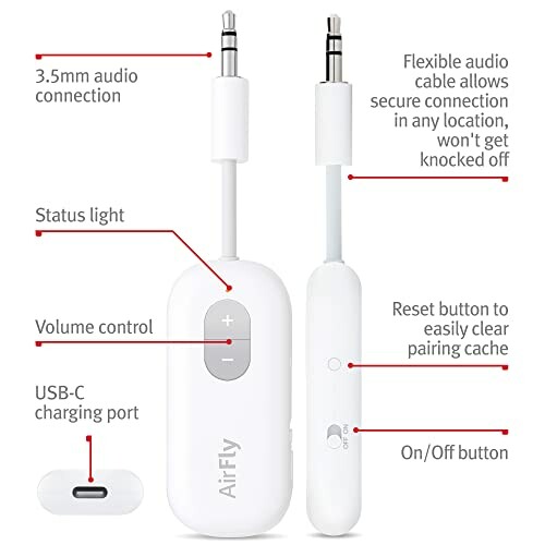 AirFly wireless audio transmitter with labeled features including 3.5mm audio connection, status light, volume control, USB-C charging port, flexible audio cable, reset button, and on/off button.