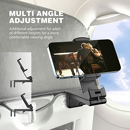 Phone holder attached to airplane seat with multi-angle adjustment.