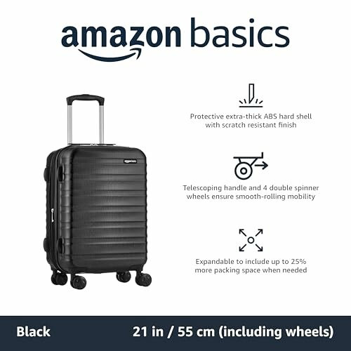 Amazon Basics black suitcase with features listed including ABS hard shell, telescoping handle, spinner wheels, and expandable design.