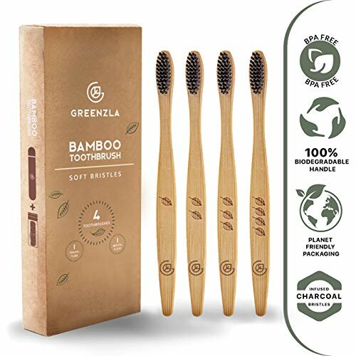 Set of four bamboo toothbrushes with soft bristles and biodegradable handle.