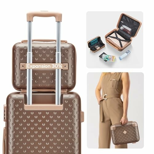 Brown luggage set with travel accessories and woman holding a matching bag.