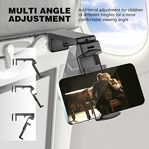 Car headrest tablet and phone holder with multi-angle adjustment.