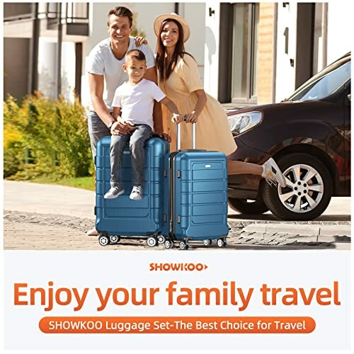 Family posing with blue luggage set for travel