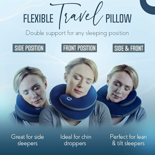 Woman demonstrating flexible travel pillow in side, front, and side & front positions.