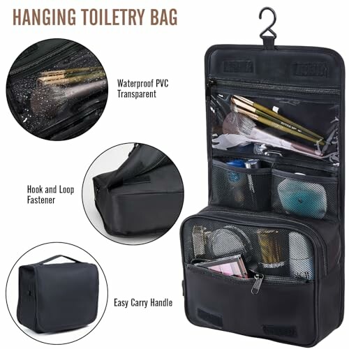 Black hanging toiletry bag with compartments and hook.