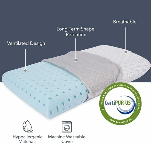 Memory foam pillow with ventilated design, breathable, hypoallergenic materials, and machine washable cover.