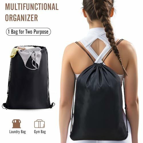 Woman with multifunctional organizer bag for laundry and gym.