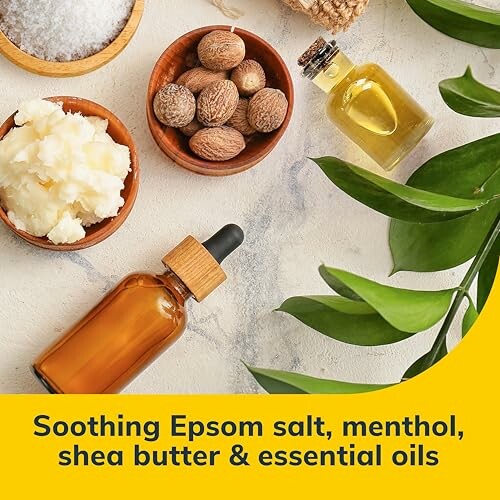 Natural ingredients including Epsom salt, shea butter, and essential oils.