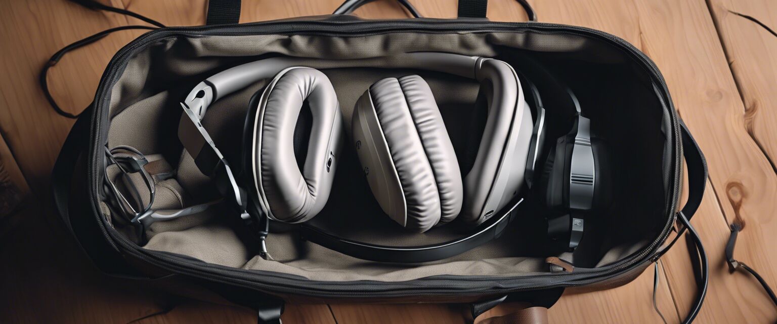 Noise-canceling headphones on travel bag