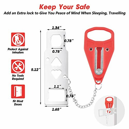 Portable door lock with installation guide and features.