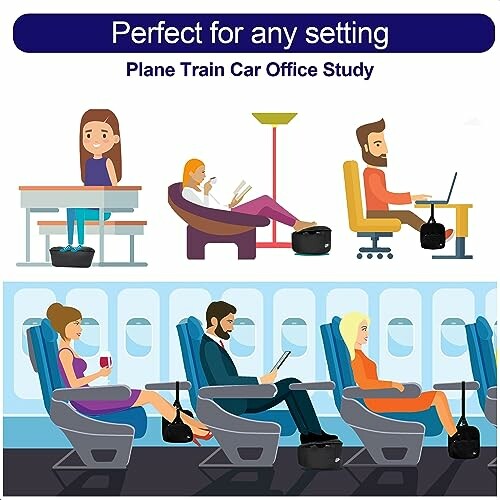 Illustration of people using a portable footrest in various settings: cafe, lounge, office, and airplane.