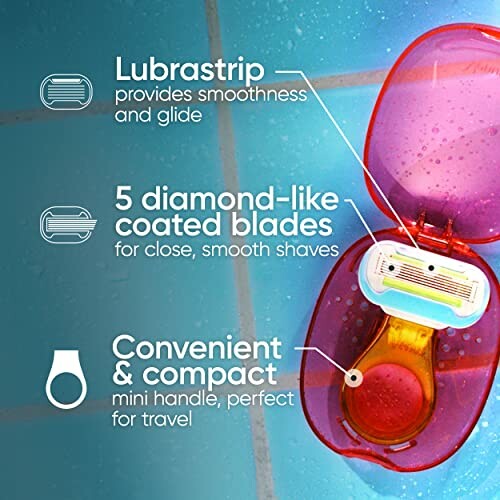 Razor with case on tiled floor; features labeled: lubrastrip, 5 diamond-like coated blades, convenient compact handle.