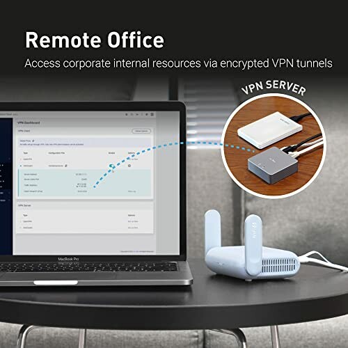 Laptop connected to VPN server for secure remote office access.