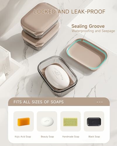 Stacked soap containers with sealed lids and various soaps.