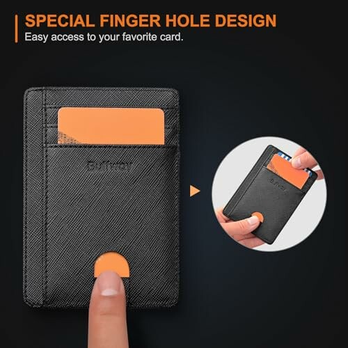 Wallet with special finger hole design for easy card access.