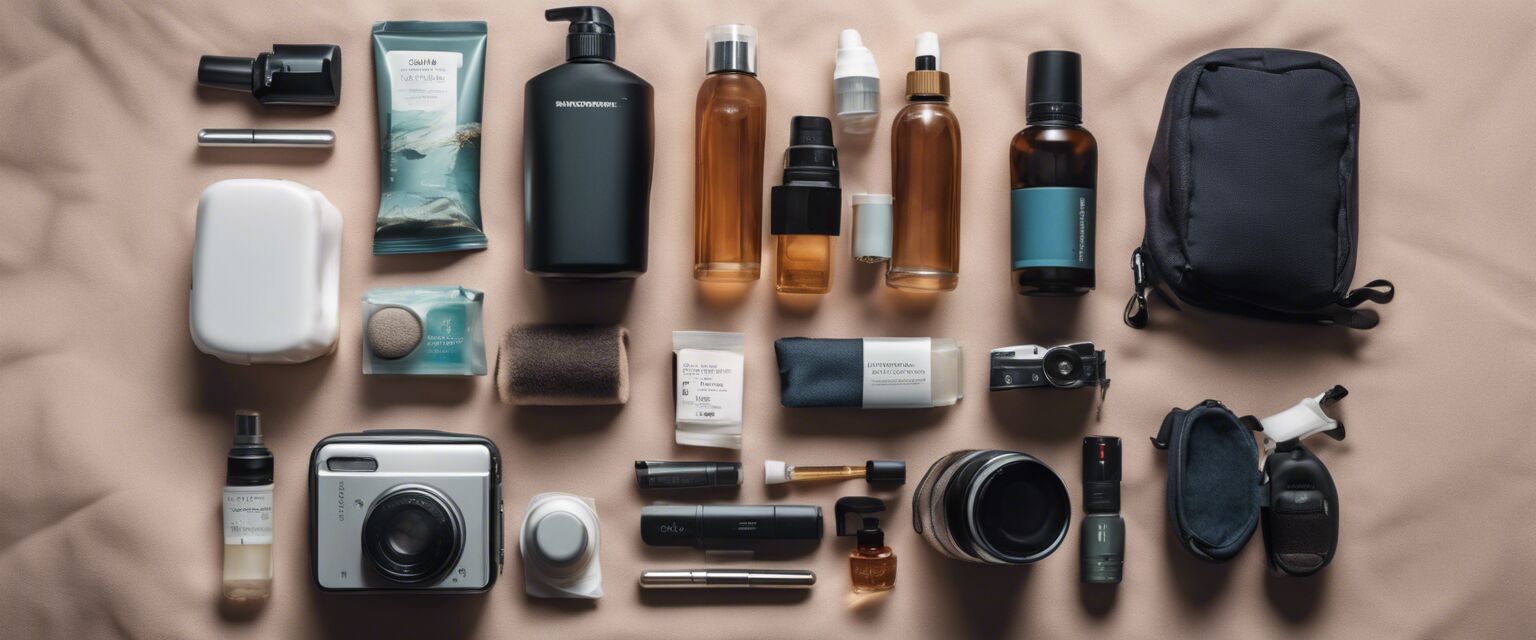 Travel essentials including toiletries and cosmetics