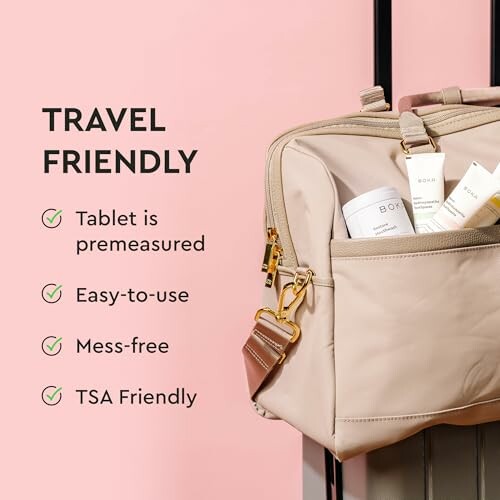 Beige travel bag with toiletries, labeled as travel friendly.