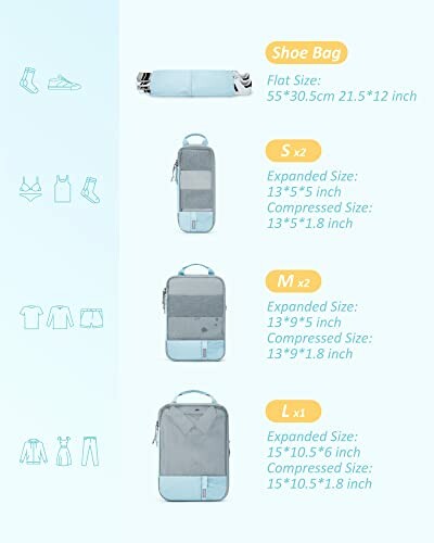 Various sizes of travel packing cubes with dimensions.