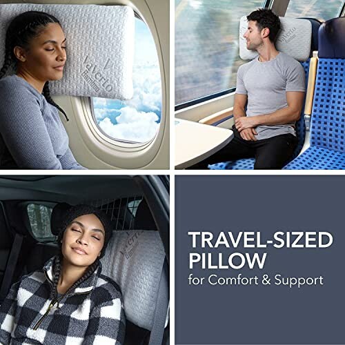 Travel-sized pillow used by people on plane, train, and car.