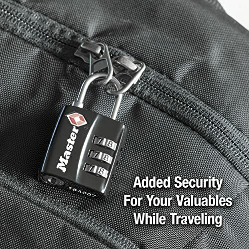 Combination lock on a backpack zipper for added security while traveling.