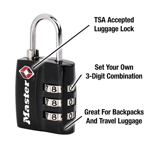 Black TSA accepted luggage lock with 3-digit combination.