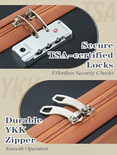 TSA-certified locks and durable YKK zipper on luggage.