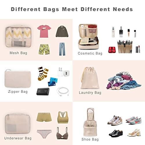 Various bags for different needs including mesh, cosmetic, zipper, laundry, underwear, and shoe bags.