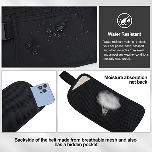 Water-resistant belt with phone pocket and moisture absorption net back.