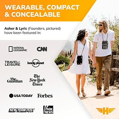 Couple walking with wearable travel gear featured in major publications.