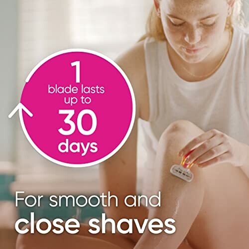 Woman shaving legs with text about blade lasting 30 days.